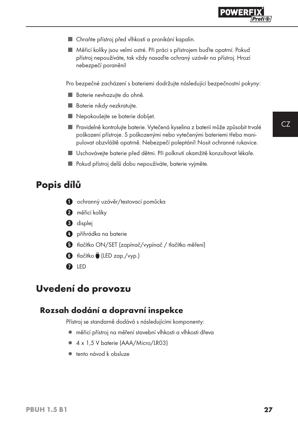 Popis dílů, Uvedení do provozu, Rozsah dodání a dopravní inspekce | Powerfix PBUH 1.5 B1 User Manual | Page 30 / 52