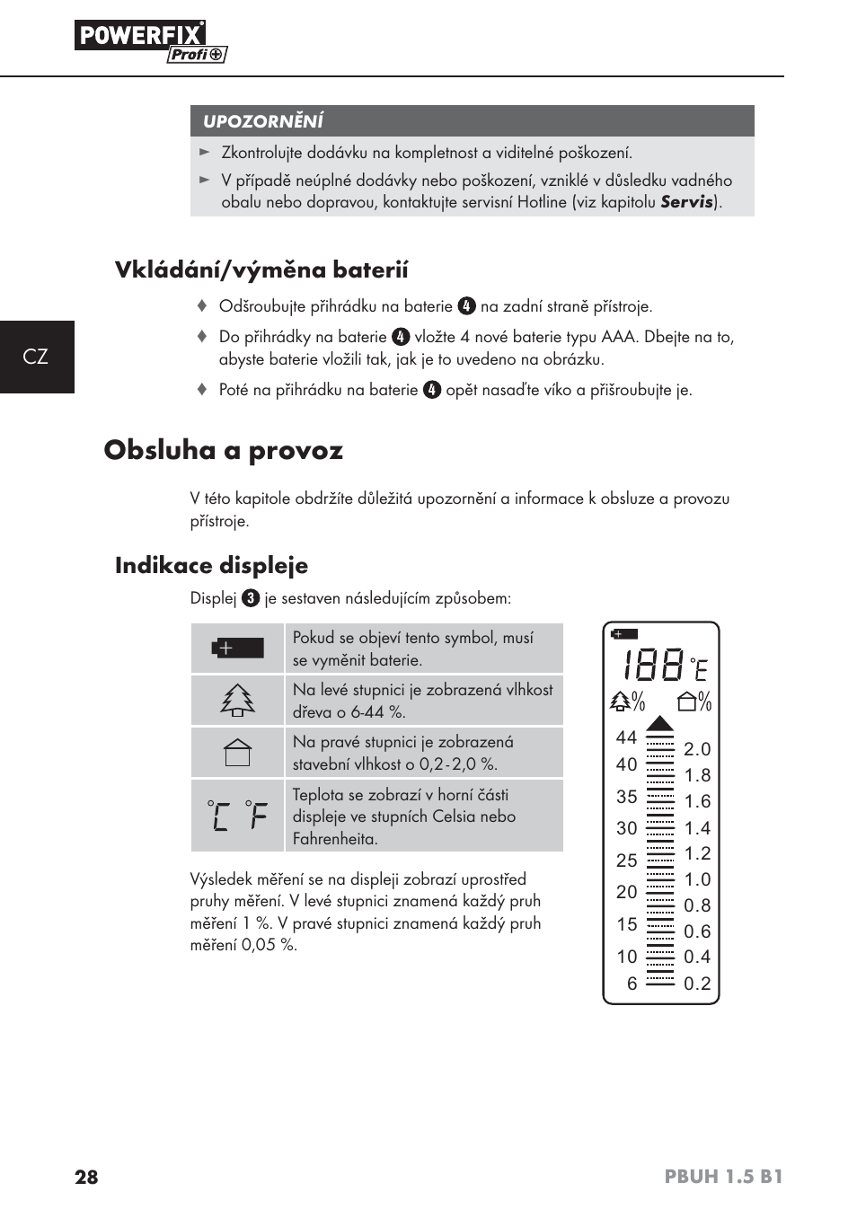 Obsluha a provoz, Vkládání/výměna baterií, Indikace displeje | Powerfix PBUH 1.5 B1 User Manual | Page 31 / 52