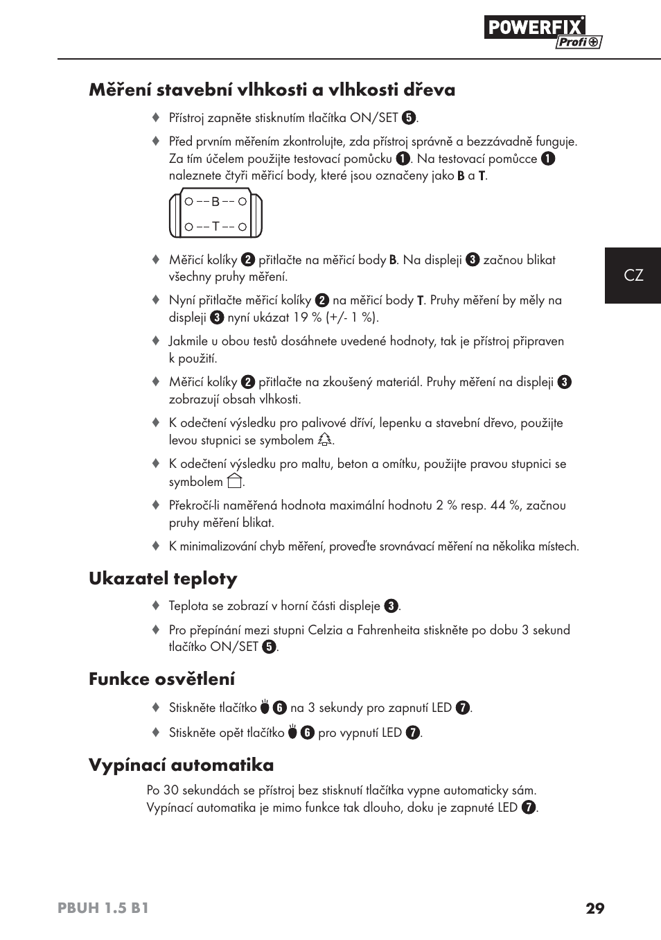 Měření stavební vlhkosti a vlhkosti dřeva, Ukazatel teploty, Funkce osvětlení | Vypínací automatika | Powerfix PBUH 1.5 B1 User Manual | Page 32 / 52