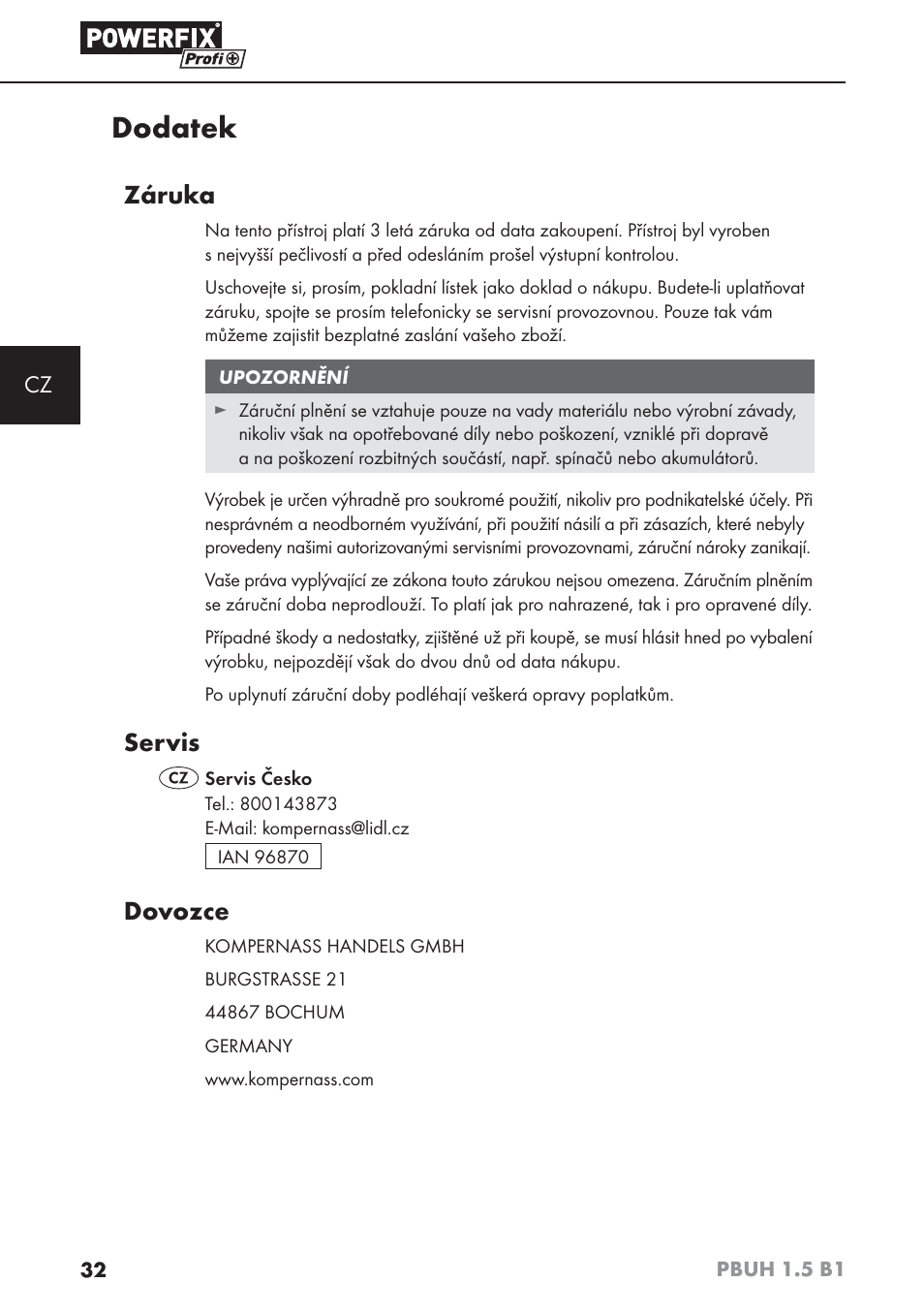 Dodatek, Záruka, Servis | Dovozce | Powerfix PBUH 1.5 B1 User Manual | Page 35 / 52