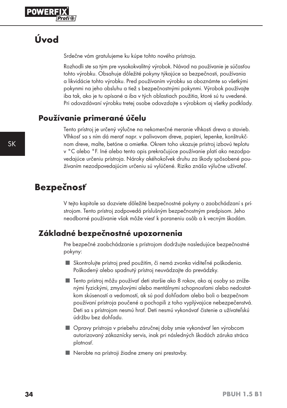Úvod, Bezpečnosť, Používanie primerané účelu | Základné bezpečnostné upozornenia | Powerfix PBUH 1.5 B1 User Manual | Page 37 / 52