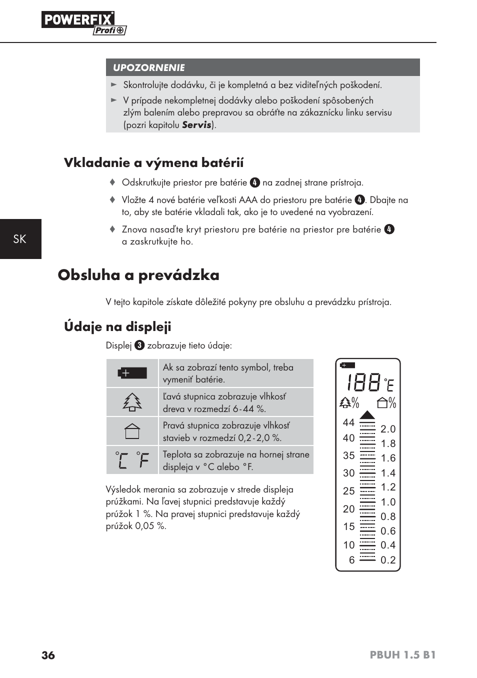Obsluha a prevádzka, Vkladanie a výmena batérií, Údaje na displeji | Powerfix PBUH 1.5 B1 User Manual | Page 39 / 52