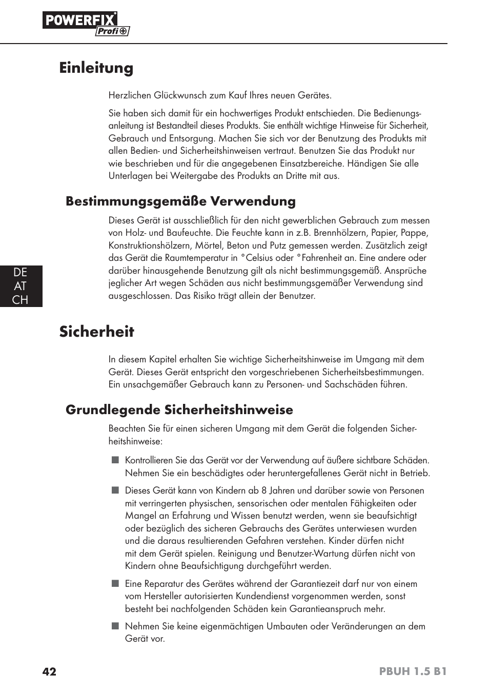 Einleitung, Sicherheit, Bestimmungsgemäße verwendung | Grundlegende sicherheitshinweise, De at ch | Powerfix PBUH 1.5 B1 User Manual | Page 45 / 52