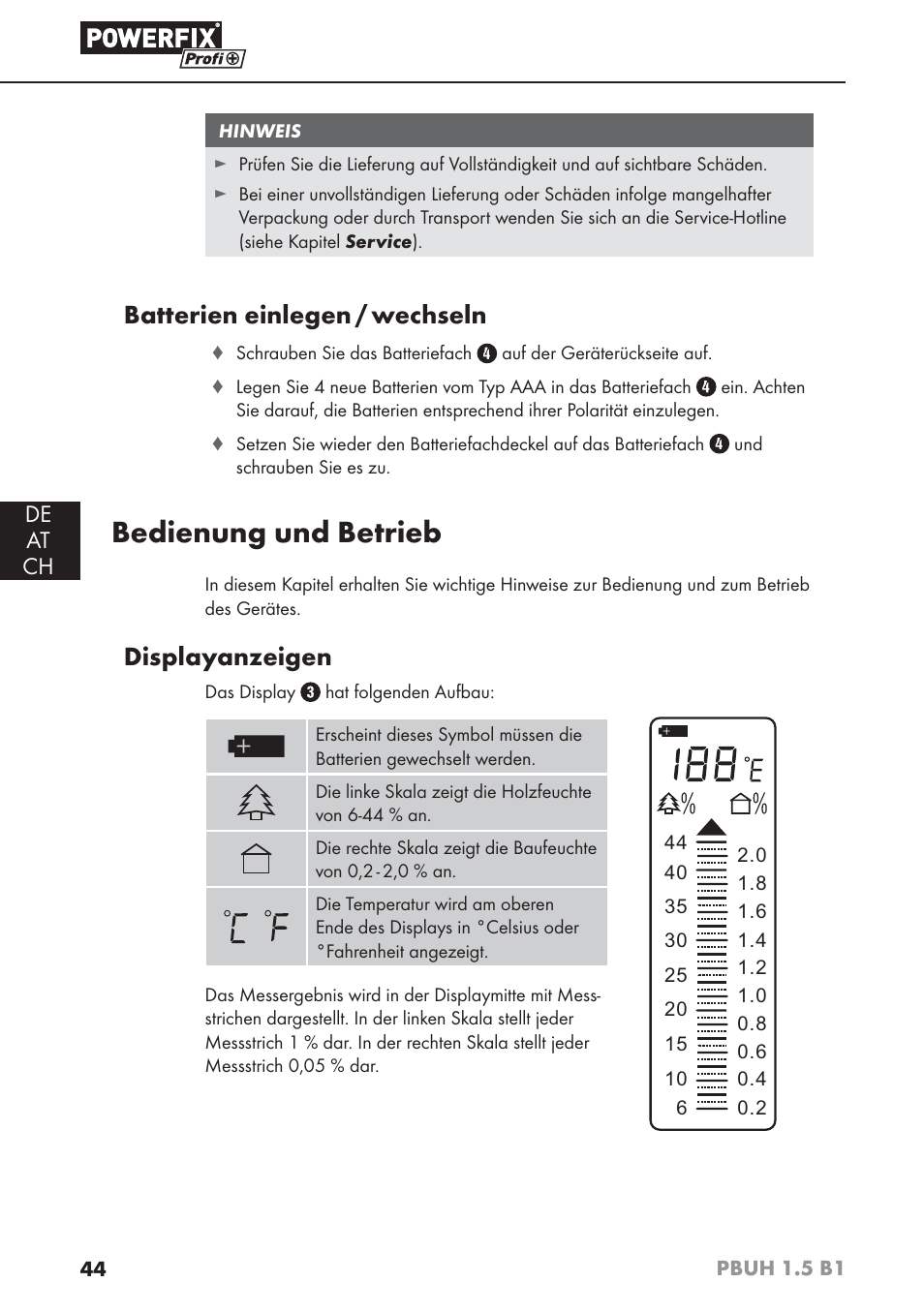 Bedienung und betrieb, Batterien einlegen / wechseln, Displayanzeigen | De at ch | Powerfix PBUH 1.5 B1 User Manual | Page 47 / 52