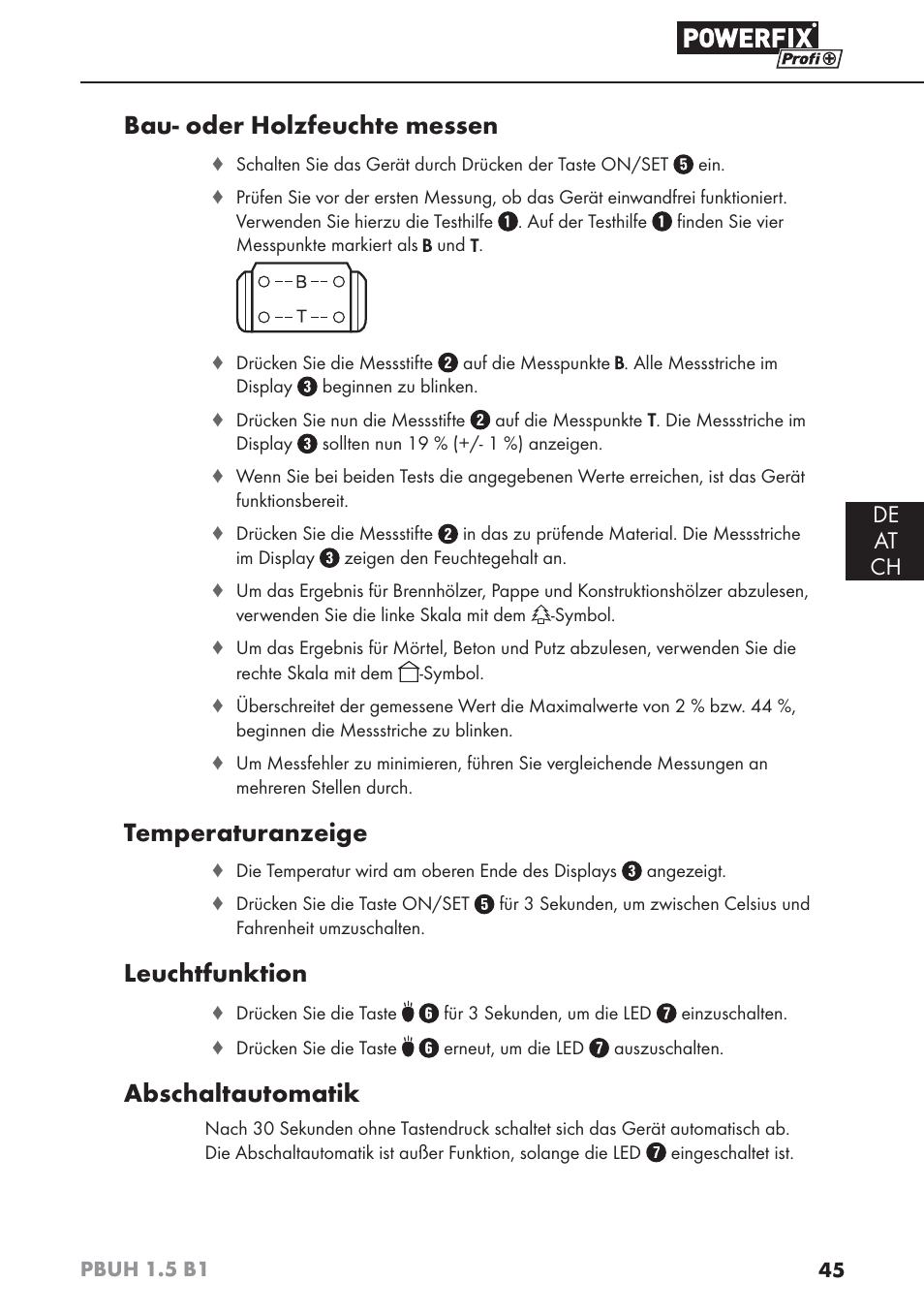 Bau- oder holzfeuchte messen, Temperaturanzeige, Leuchtfunktion | Abschaltautomatik, De at ch | Powerfix PBUH 1.5 B1 User Manual | Page 48 / 52