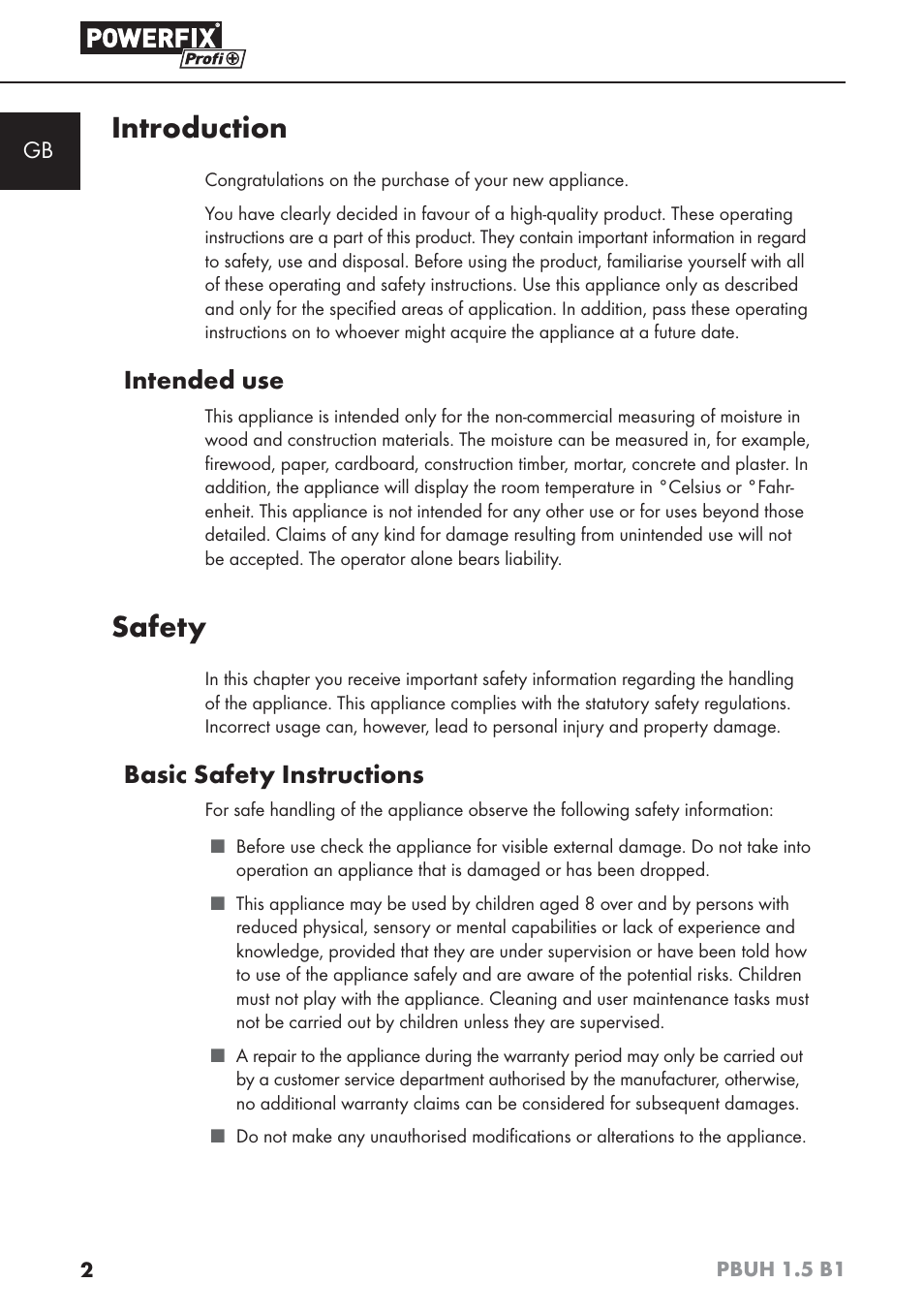 Introduction, Safety, Intended use | Basic safety instructions | Powerfix PBUH 1.5 B1 User Manual | Page 5 / 52