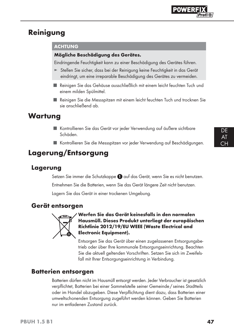 Reinigung, Wartung, Lagerung/entsorgung | Lagerung, Gerät entsorgen, Batterien entsorgen, De at ch | Powerfix PBUH 1.5 B1 User Manual | Page 50 / 52