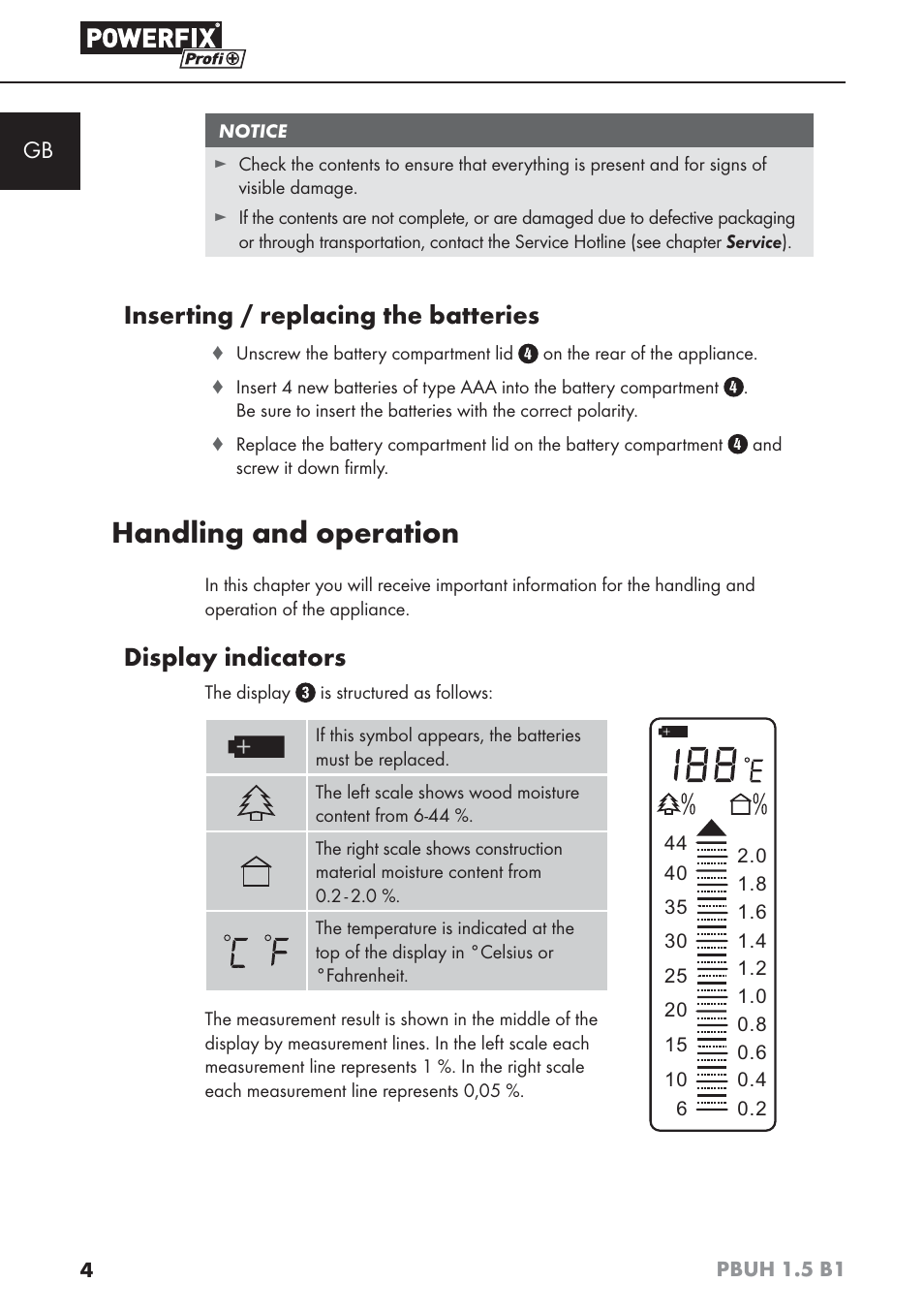 Handling and operation, Inserting / replacing the batteries, Display indicators | Powerfix PBUH 1.5 B1 User Manual | Page 7 / 52