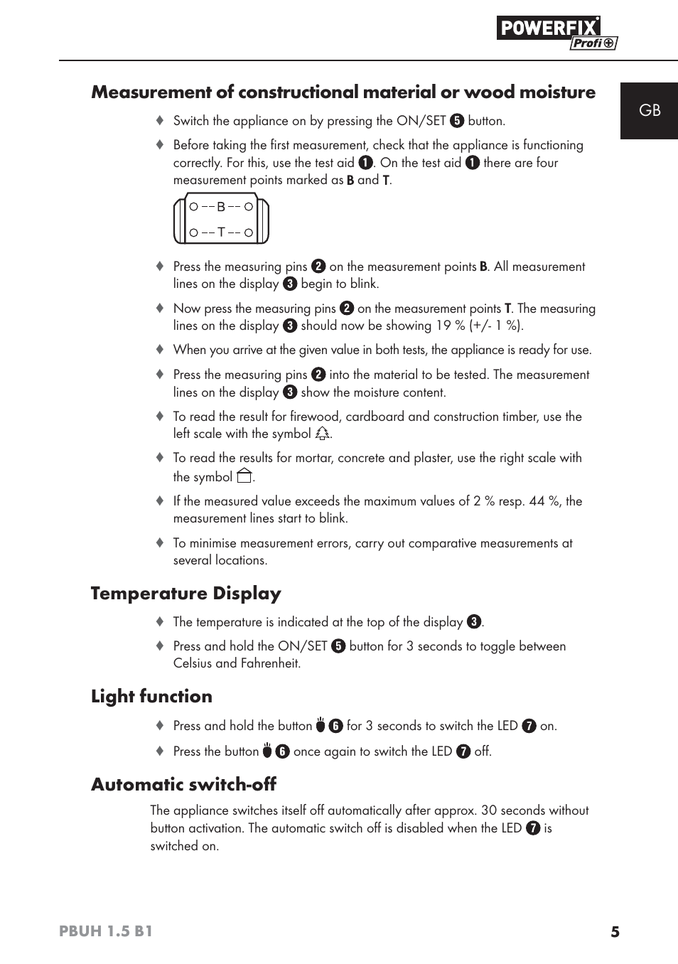 Temperature display, Light function, Automatic switch-oﬀ | Powerfix PBUH 1.5 B1 User Manual | Page 8 / 52