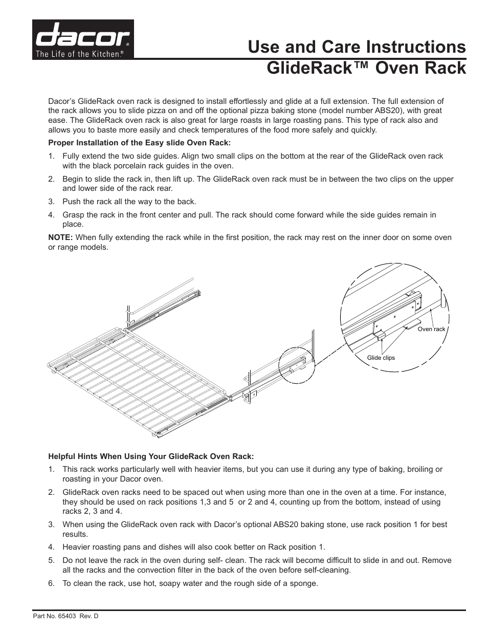 Dacor GlideRack User Manual | 2 pages