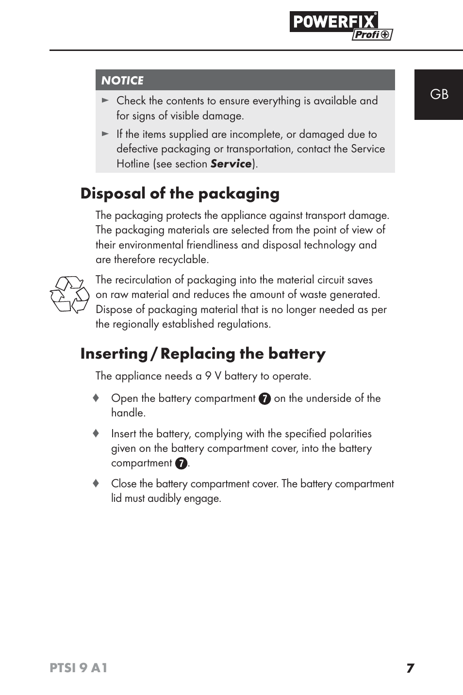 Disposal of the packaging, Inserting / replacing the battery | Powerfix PTSI 9 A1 User Manual | Page 10 / 100