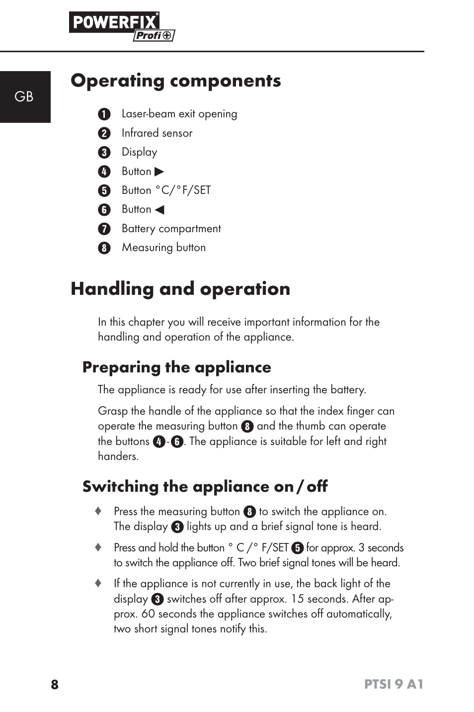 Operating components, Handling and operation, Preparing the appliance | Switching the appliance on / oﬀ | Powerfix PTSI 9 A1 User Manual | Page 11 / 100