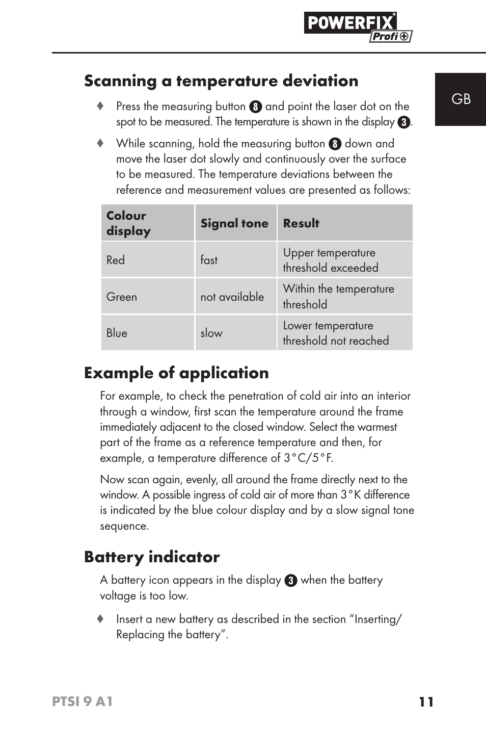 Scanning a temperature deviation, Example of application, Battery indicator | Powerfix PTSI 9 A1 User Manual | Page 14 / 100