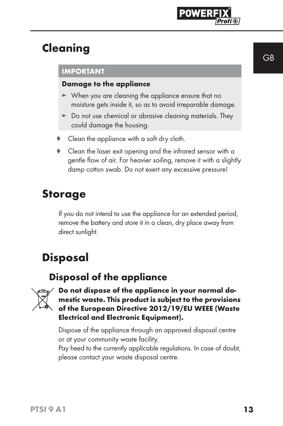 Cleaning, Storage, Disposal | Disposal of the appliance | Powerfix PTSI 9 A1 User Manual | Page 16 / 100