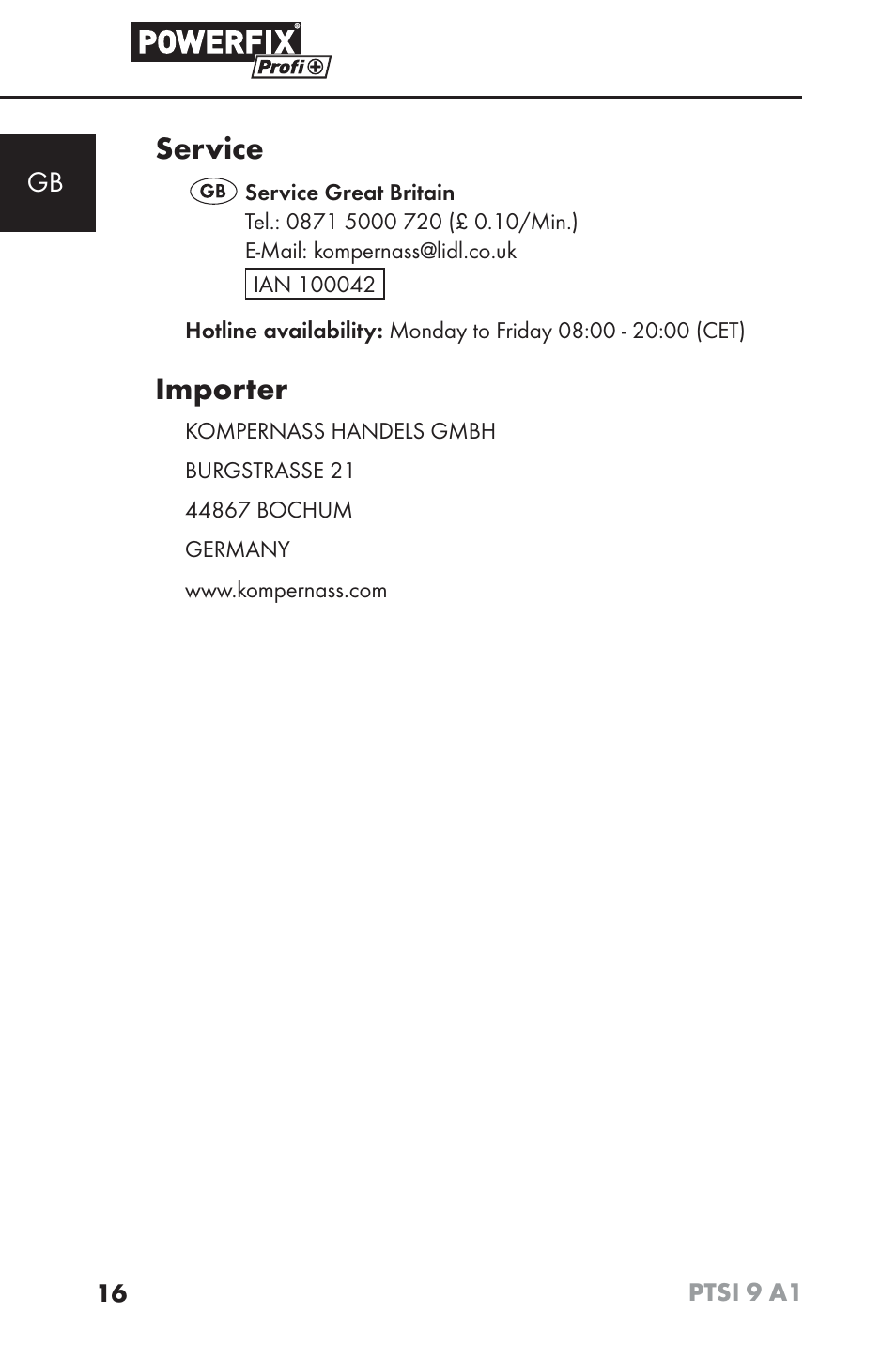 Service, Importer | Powerfix PTSI 9 A1 User Manual | Page 19 / 100