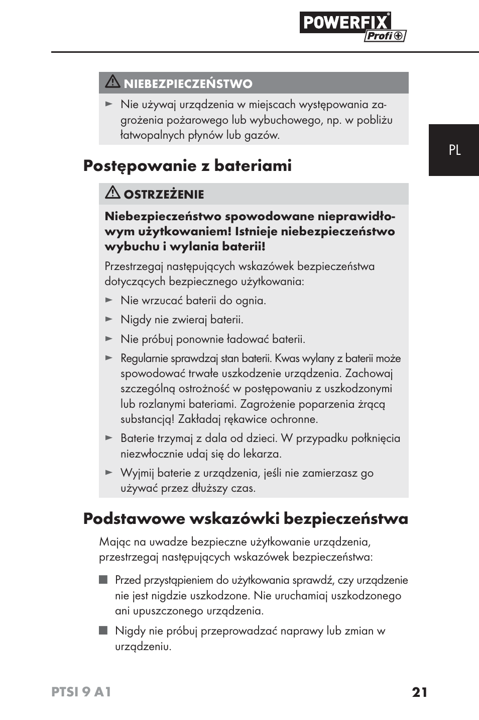 Postępowanie z bateriami, Podstawowe wskazówki bezpieczeństwa | Powerfix PTSI 9 A1 User Manual | Page 24 / 100