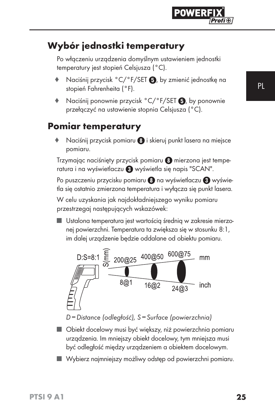 Wybór jednostki temperatury, Pomiar temperatury | Powerfix PTSI 9 A1 User Manual | Page 28 / 100