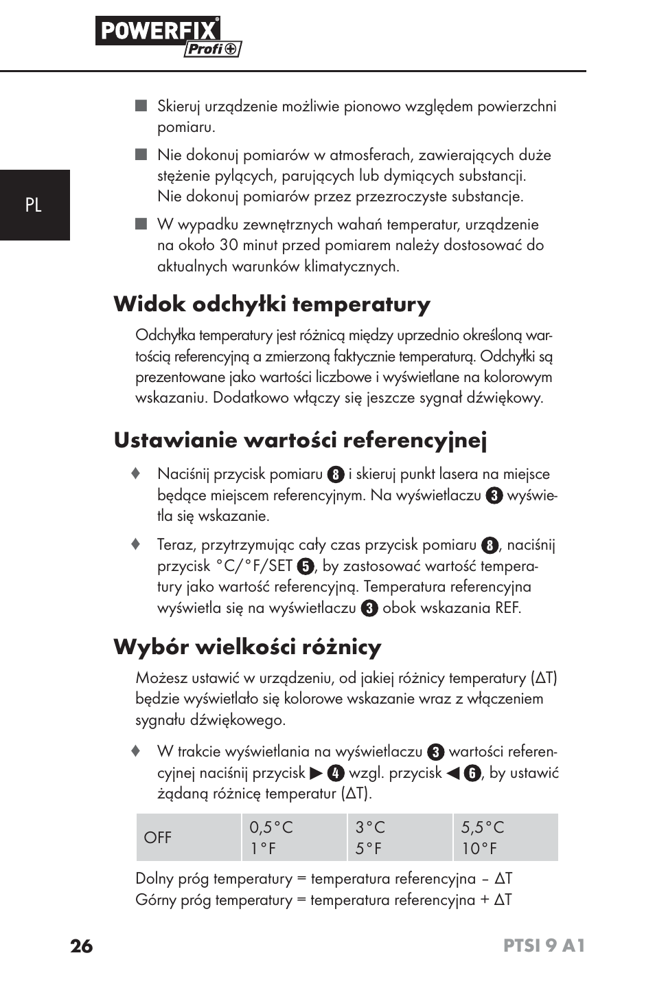 Widok odchyłki temperatury, Ustawianie wartości referencyjnej, Wybór wielkości różnicy | Powerfix PTSI 9 A1 User Manual | Page 29 / 100