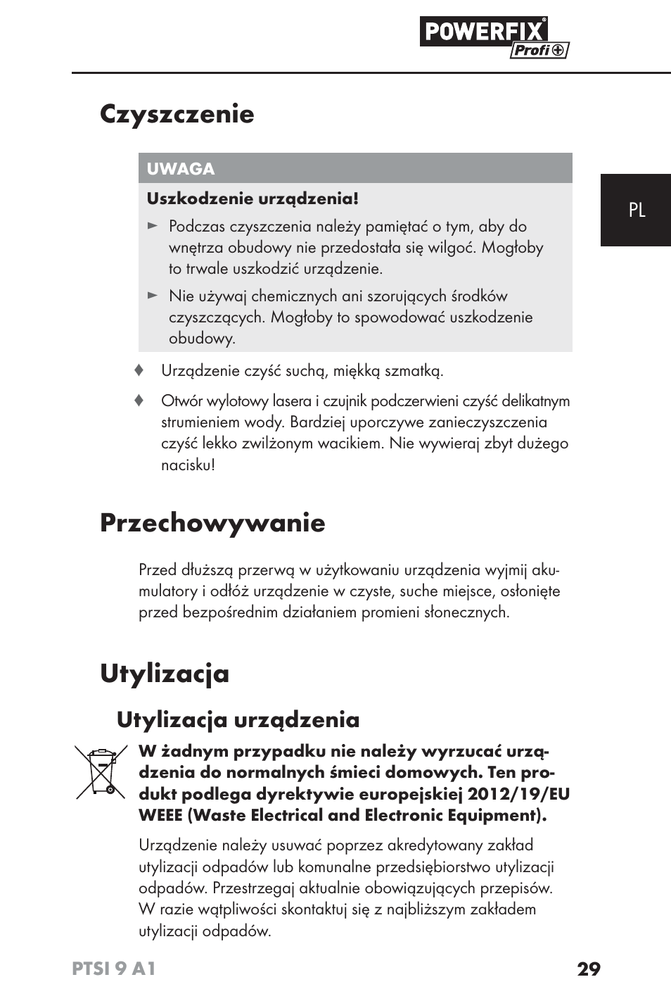 Czyszczenie, Przechowywanie, Utylizacja | Utylizacja urządzenia | Powerfix PTSI 9 A1 User Manual | Page 32 / 100