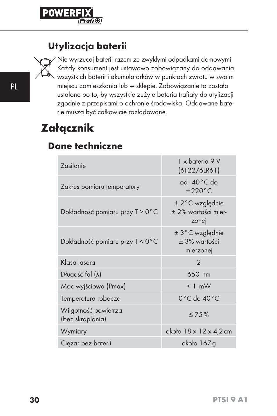 Załącznik, Utylizacja baterii, Dane techniczne | Powerfix PTSI 9 A1 User Manual | Page 33 / 100