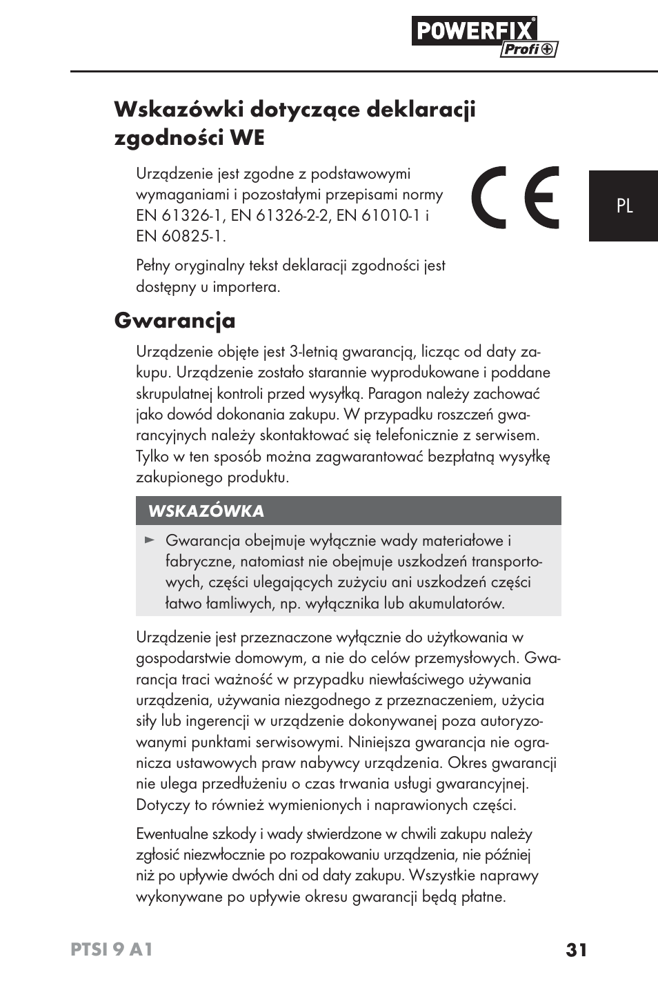 Wskazówki dotyczące deklaracji zgodności we, Gwarancja | Powerfix PTSI 9 A1 User Manual | Page 34 / 100
