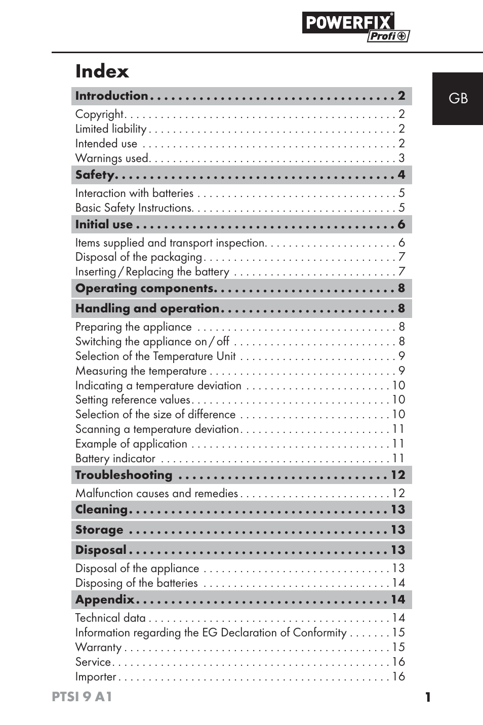 Index | Powerfix PTSI 9 A1 User Manual | Page 4 / 100