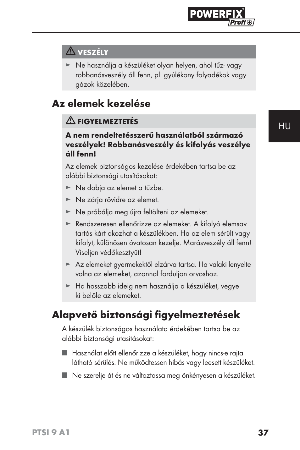 Az elemek kezelése, Alapvető biztonsági ﬁ gyelmeztetések | Powerfix PTSI 9 A1 User Manual | Page 40 / 100