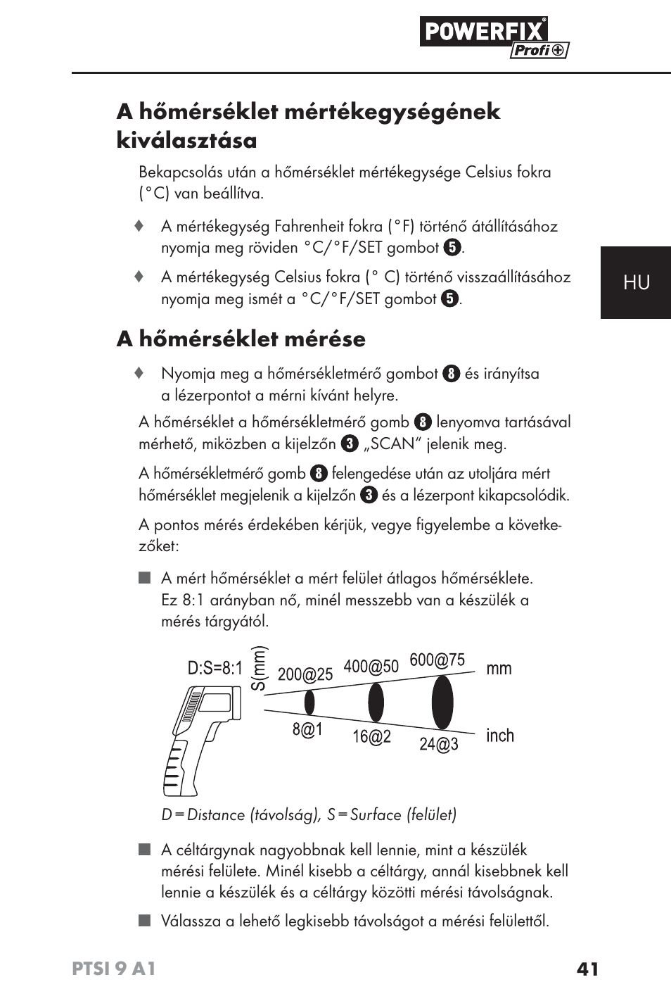 A hőmérséklet mértékegységének kiválasztása, A hőmérséklet mérése | Powerfix PTSI 9 A1 User Manual | Page 44 / 100