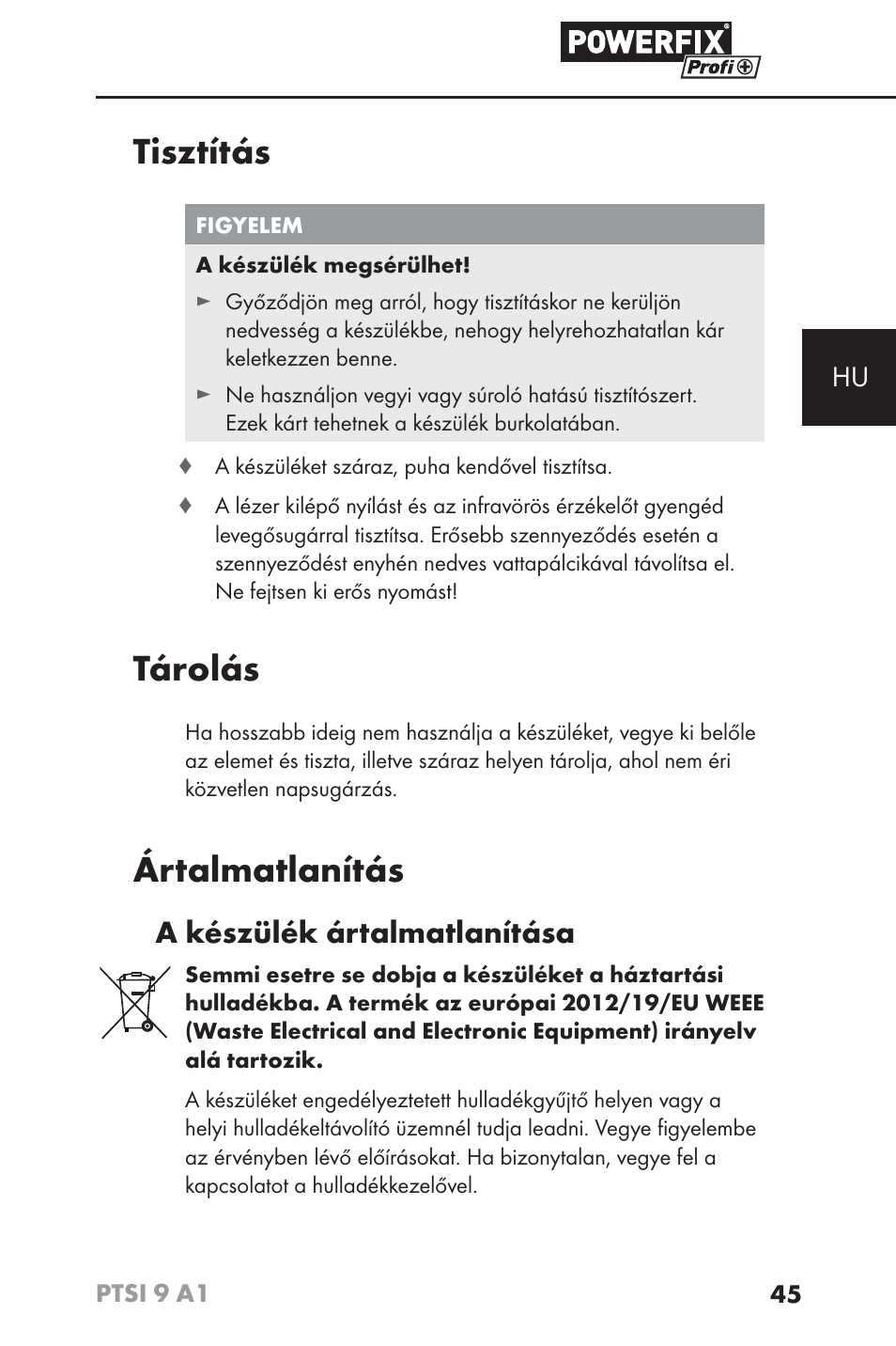 Tisztítás, Tárolás, Ártalmatlanítás | A készülék ártalmatlanítása | Powerfix PTSI 9 A1 User Manual | Page 48 / 100