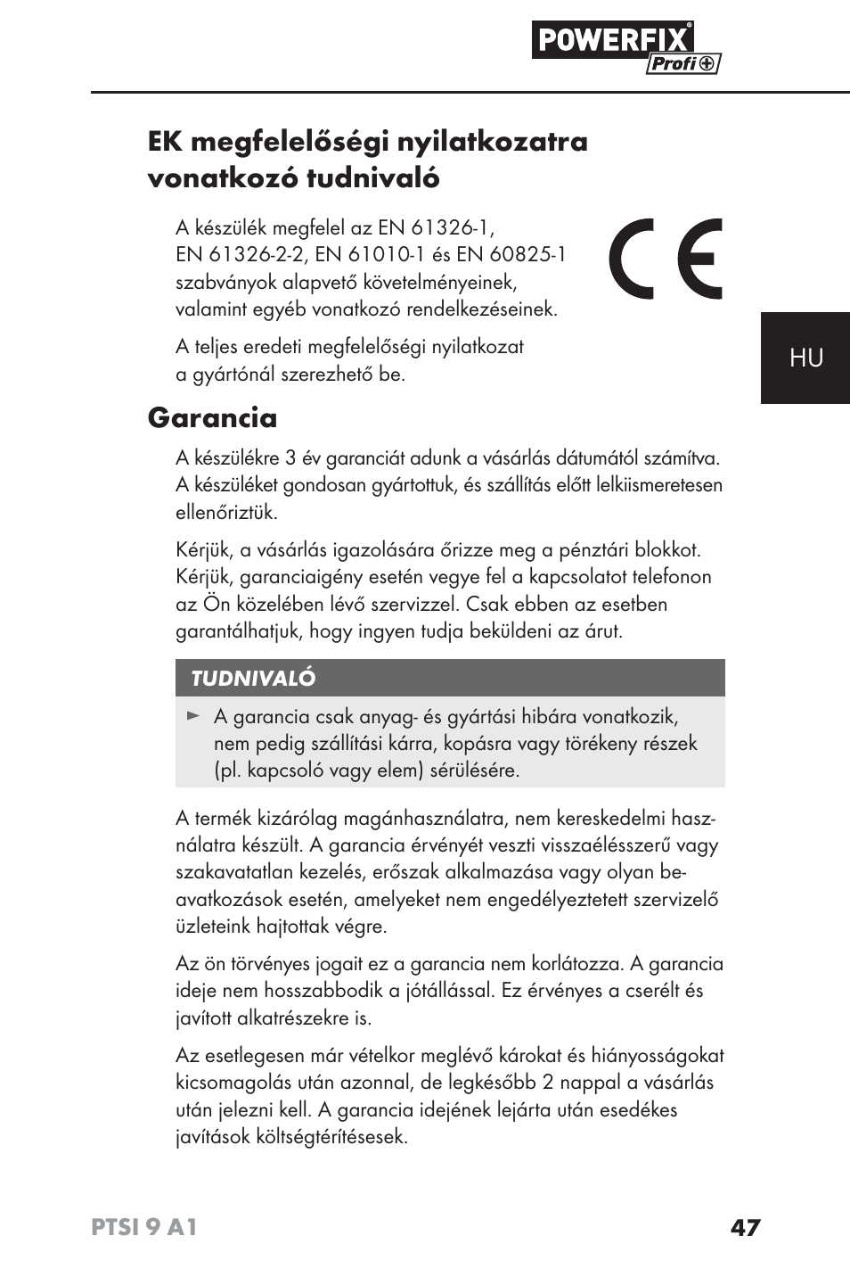 Ek megfelelőségi nyilatkozatra vonatkozó tudnivaló, Garancia | Powerfix PTSI 9 A1 User Manual | Page 50 / 100