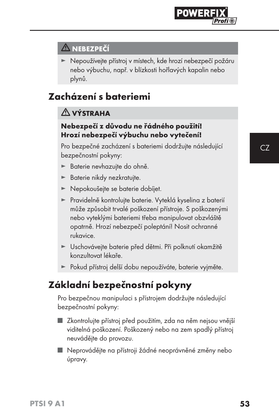 Zacházení s bateriemi, Základní bezpečnostní pokyny | Powerfix PTSI 9 A1 User Manual | Page 56 / 100