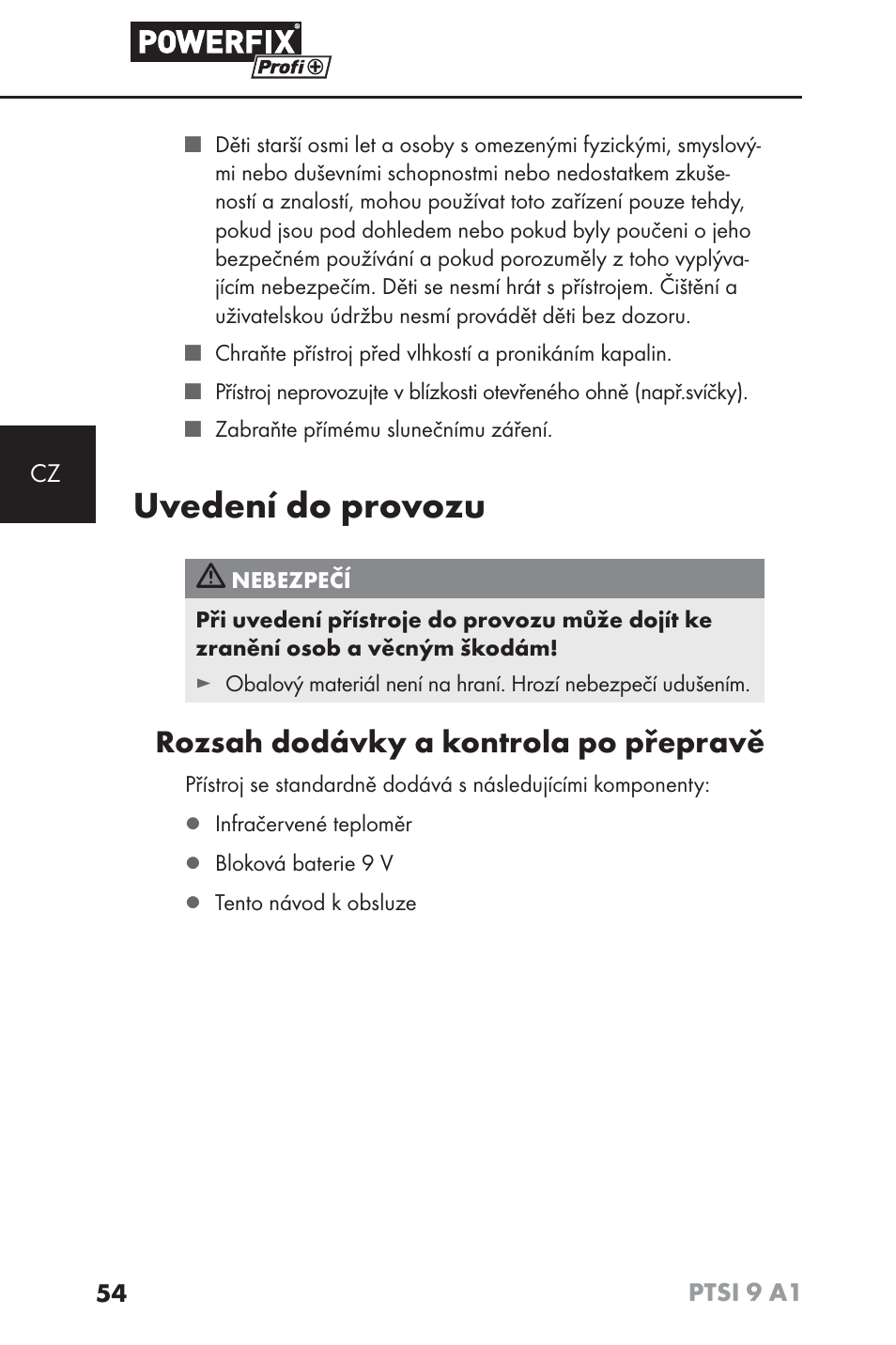 Uvedení do provozu, Rozsah dodávky a kontrola po přepravě | Powerfix PTSI 9 A1 User Manual | Page 57 / 100
