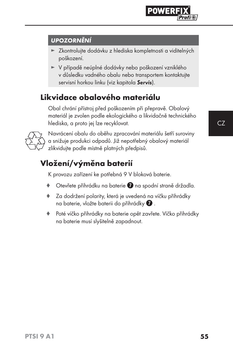 Likvidace obalového materiálu, Vložení/výměna baterií | Powerfix PTSI 9 A1 User Manual | Page 58 / 100