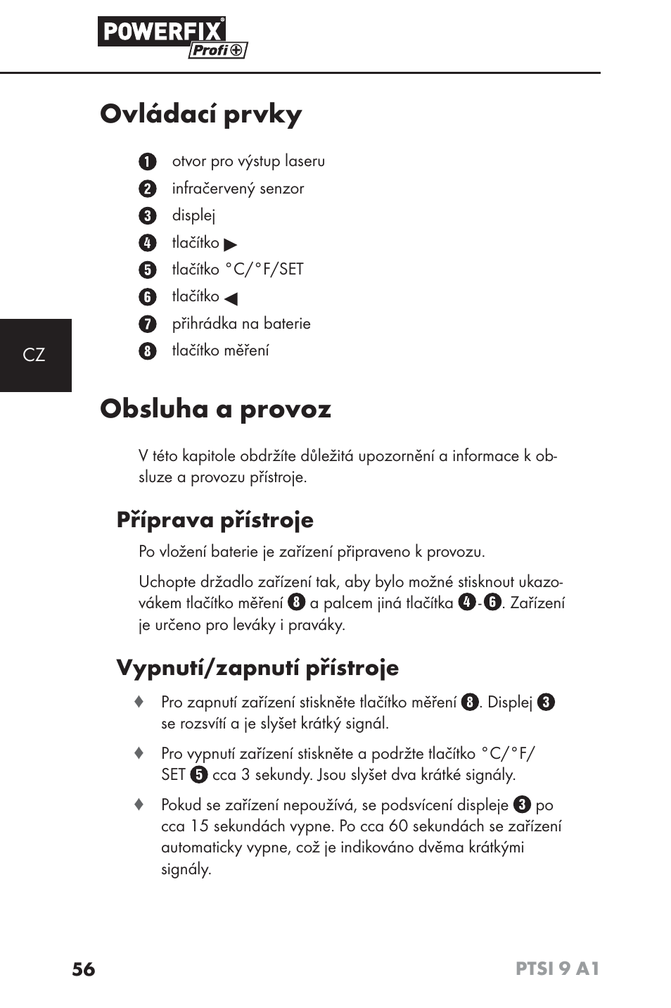 Ovládací prvky, Obsluha a provoz, Příprava přístroje | Vypnutí/zapnutí přístroje | Powerfix PTSI 9 A1 User Manual | Page 59 / 100