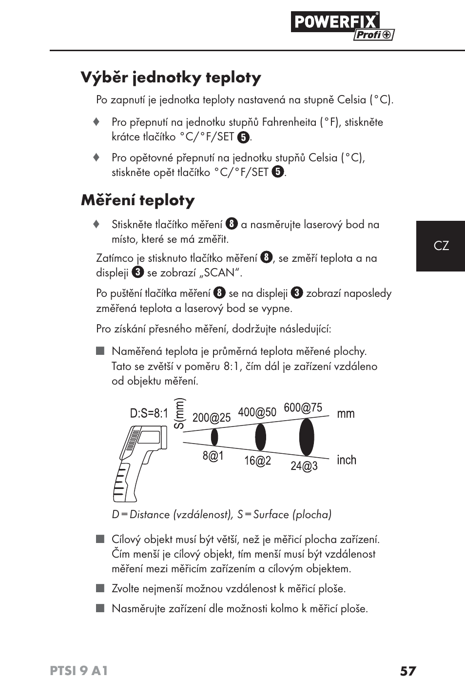 Výběr jednotky teploty, Měření teploty | Powerfix PTSI 9 A1 User Manual | Page 60 / 100
