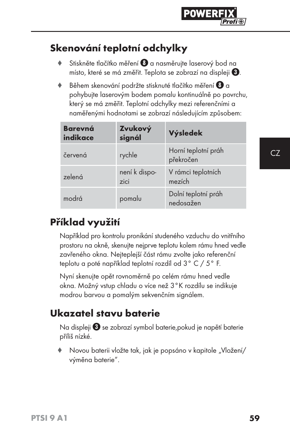 Skenování teplotní odchylky, Příklad využití, Ukazatel stavu baterie | Powerfix PTSI 9 A1 User Manual | Page 62 / 100