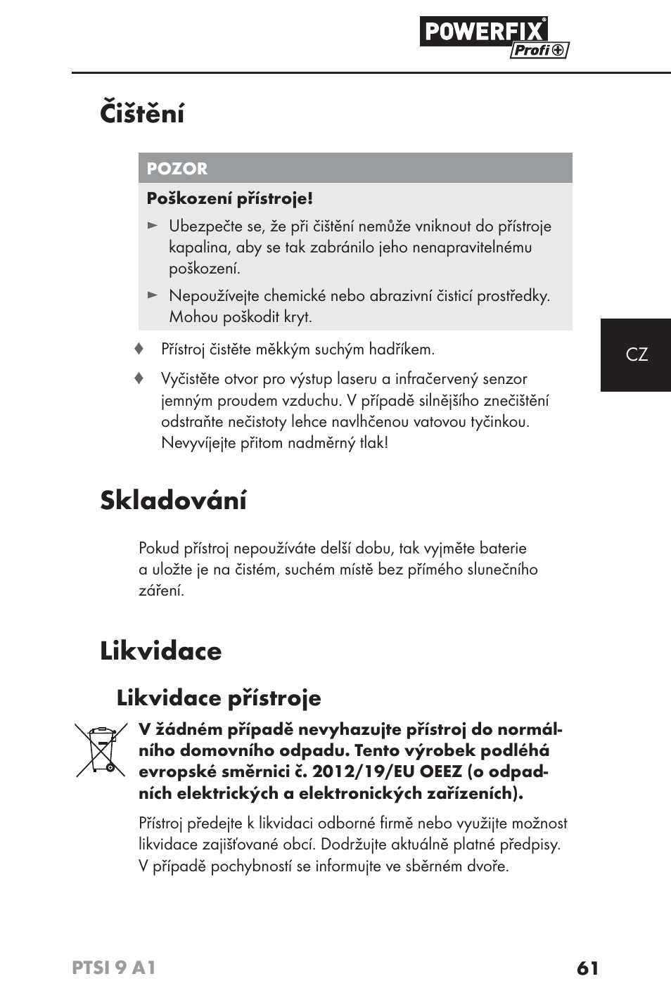 Čištění, Skladování, Likvidace | Likvidace přístroje | Powerfix PTSI 9 A1 User Manual | Page 64 / 100