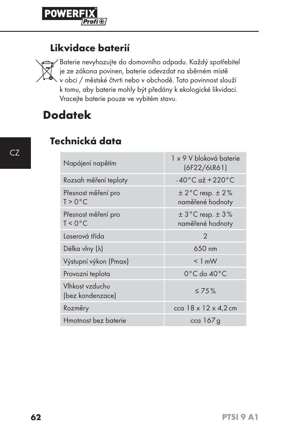 Dodatek, Likvidace baterií, Technická data | Powerfix PTSI 9 A1 User Manual | Page 65 / 100