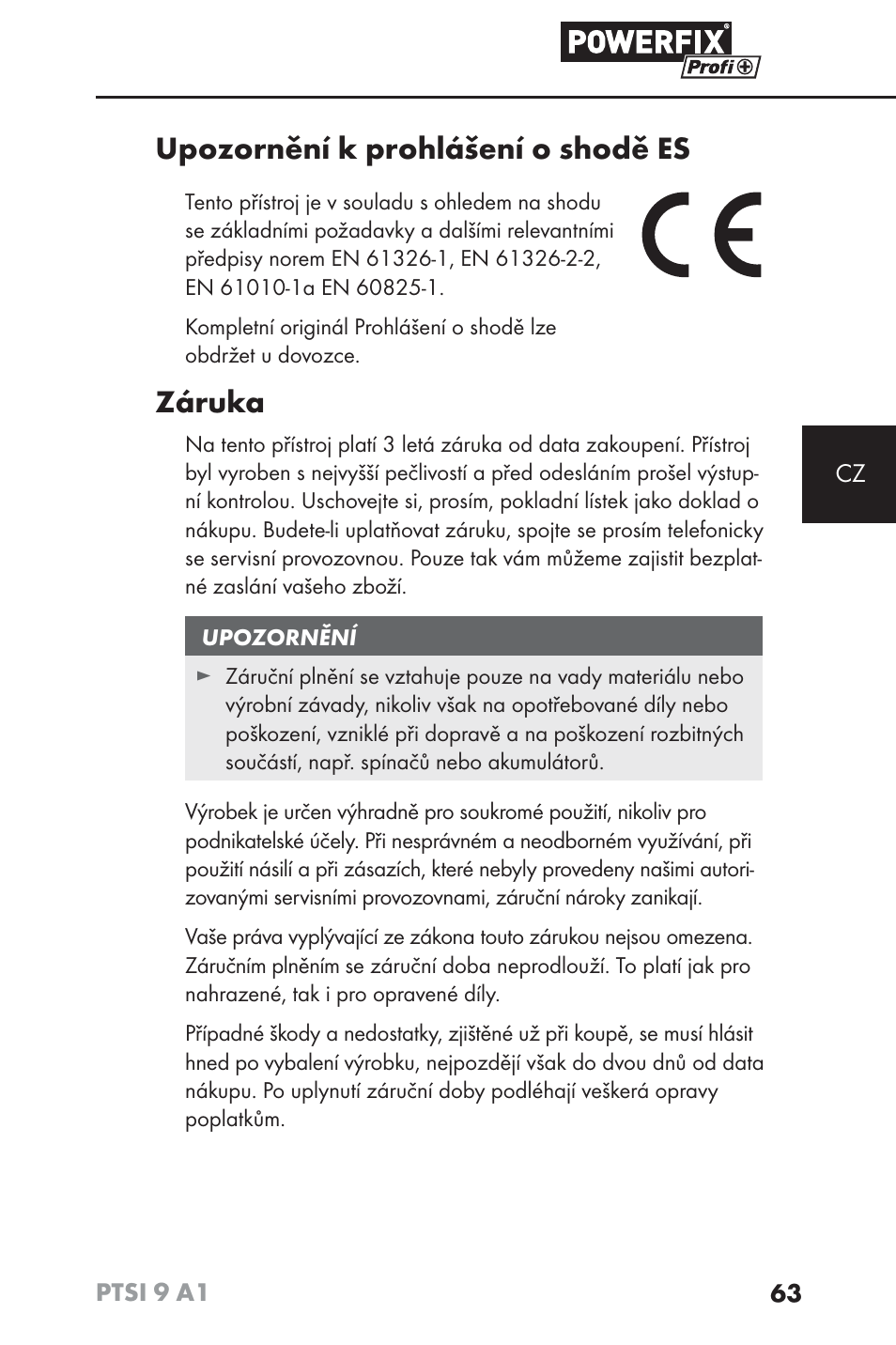 Upozornění k prohlášení o shodě es, Záruka | Powerfix PTSI 9 A1 User Manual | Page 66 / 100