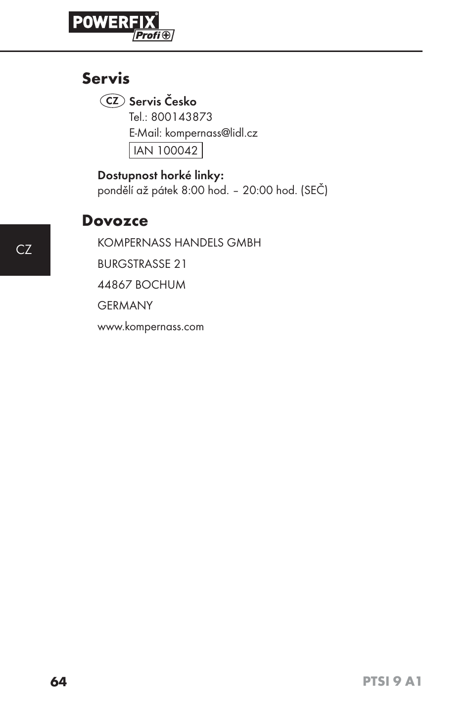 Servis, Dovozce | Powerfix PTSI 9 A1 User Manual | Page 67 / 100