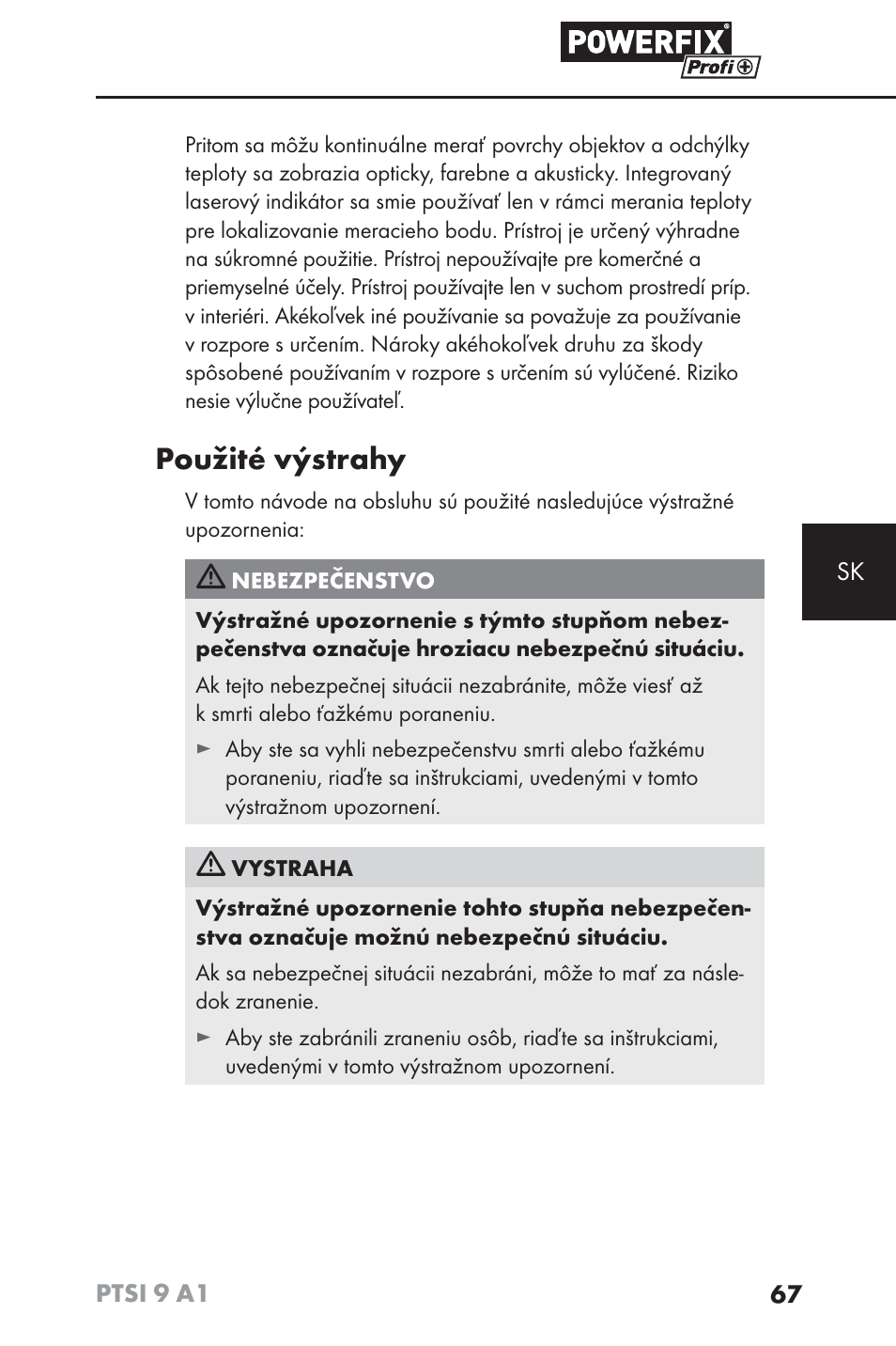 Použité výstrahy | Powerfix PTSI 9 A1 User Manual | Page 70 / 100