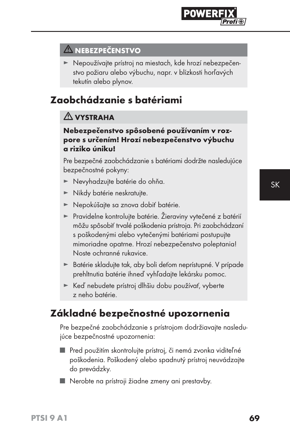 Zaobchádzanie s batériami, Základné bezpečnostné upozornenia | Powerfix PTSI 9 A1 User Manual | Page 72 / 100