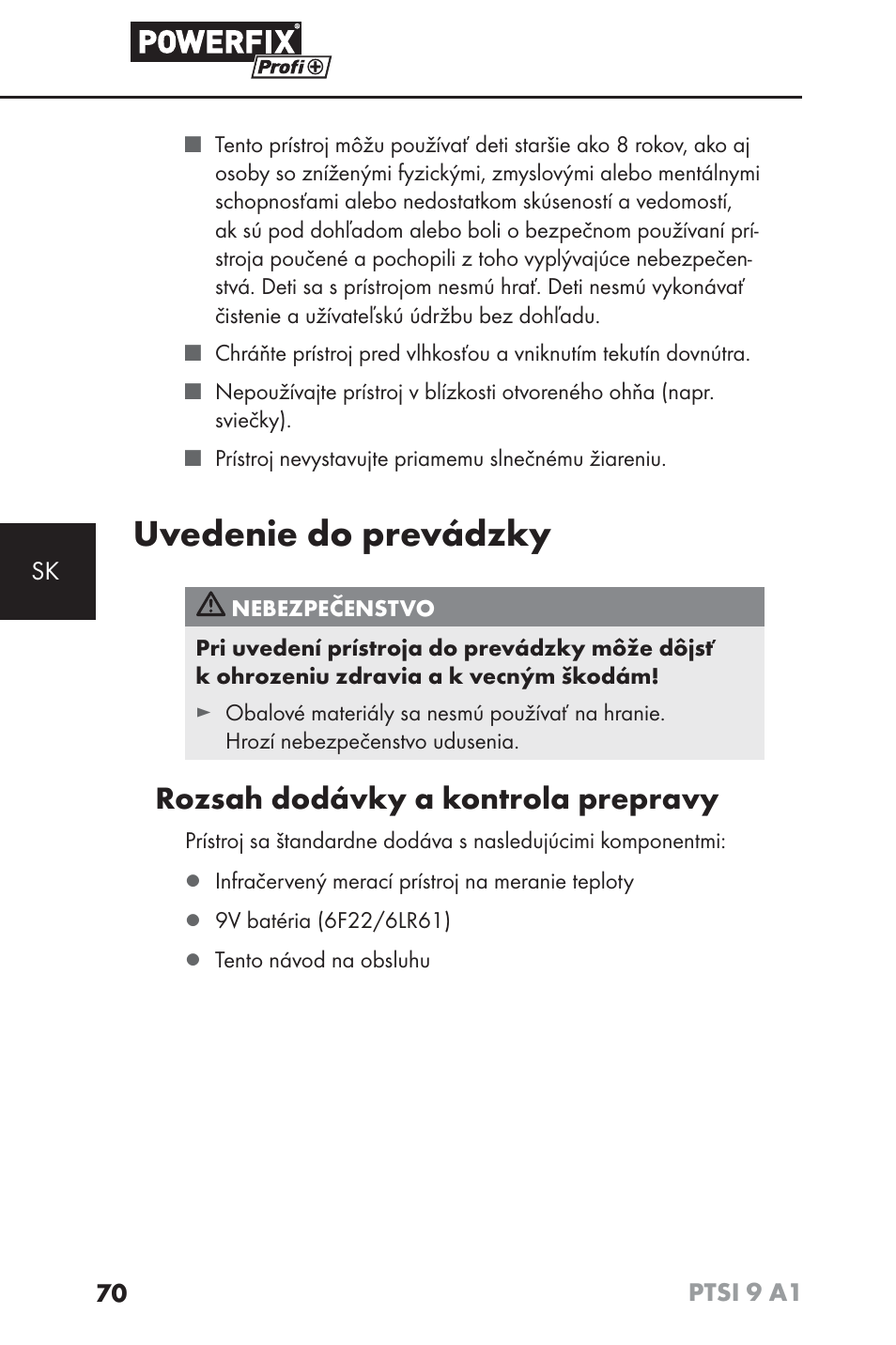 Uvedenie do prevádzky, Rozsah dodávky a kontrola prepravy | Powerfix PTSI 9 A1 User Manual | Page 73 / 100