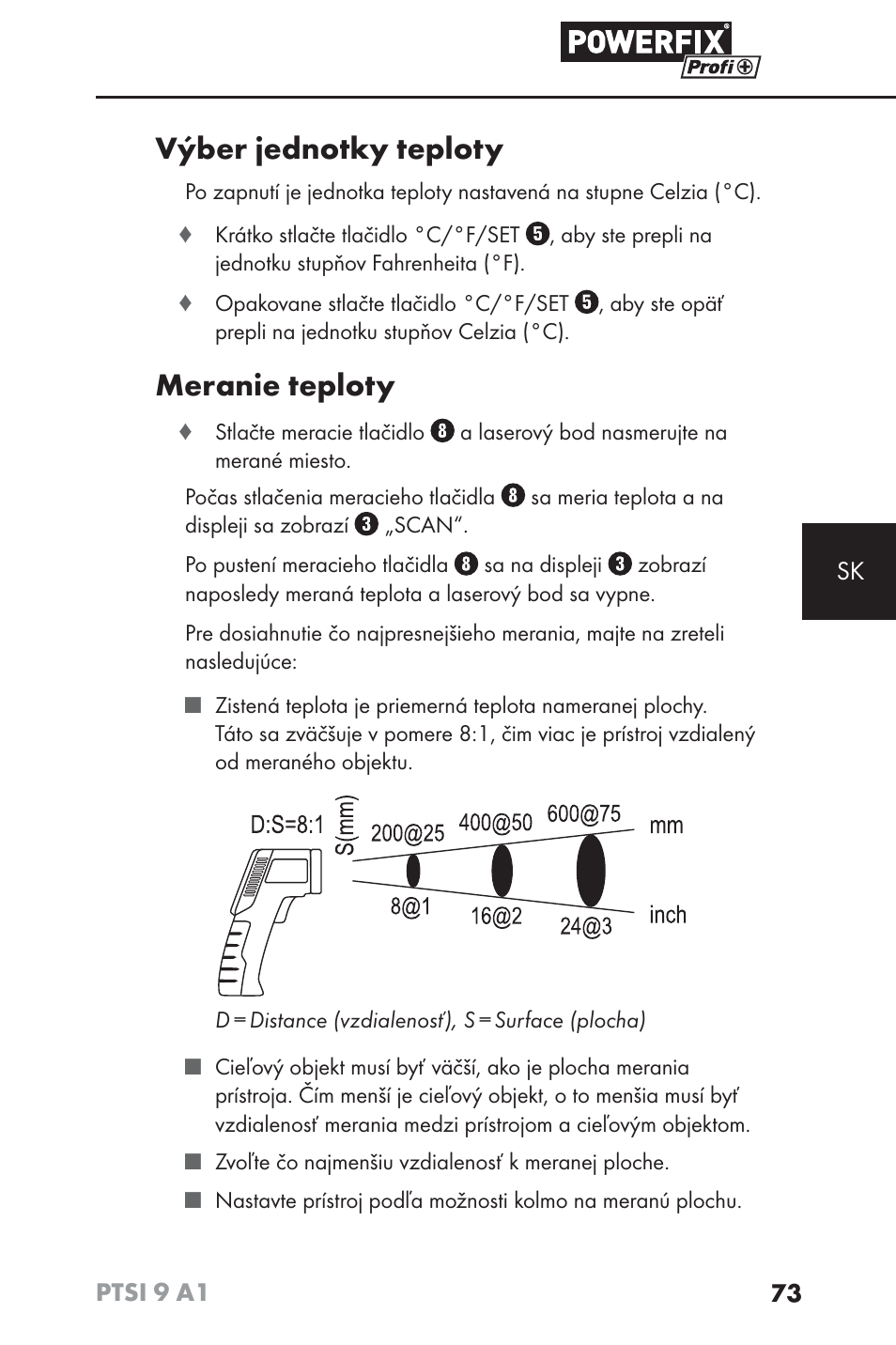 Výber jednotky teploty, Meranie teploty | Powerfix PTSI 9 A1 User Manual | Page 76 / 100