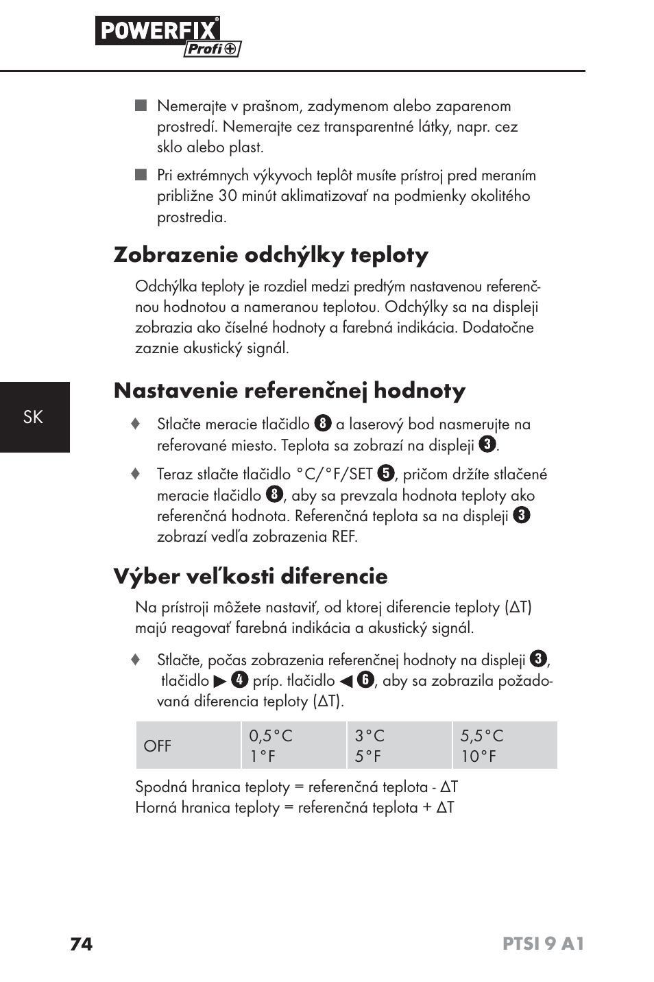 Zobrazenie odchýlky teploty, Nastavenie referenčnej hodnoty, Výber veľkosti diferencie | Powerfix PTSI 9 A1 User Manual | Page 77 / 100