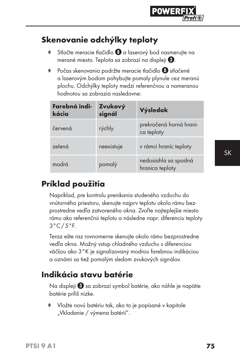 Skenovanie odchýlky teploty, Príklad použitia, Indikácia stavu batérie | Powerfix PTSI 9 A1 User Manual | Page 78 / 100