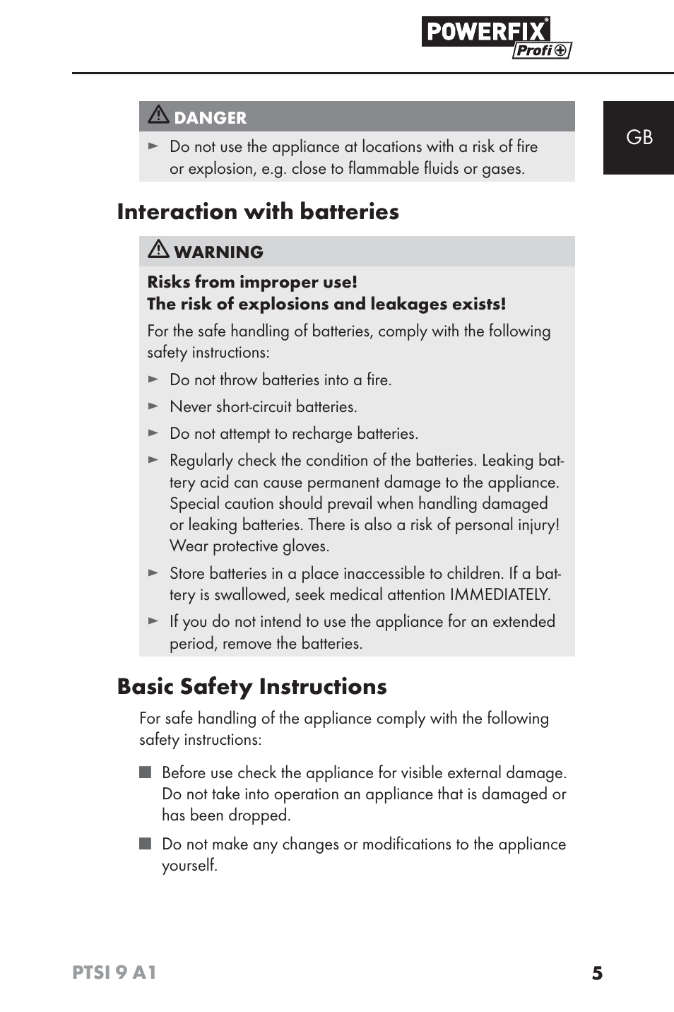 Interaction with batteries, Basic safety instructions | Powerfix PTSI 9 A1 User Manual | Page 8 / 100