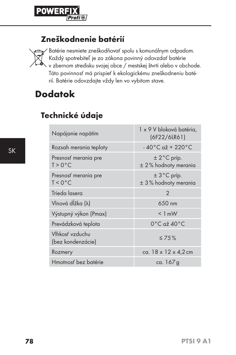 Dodatok, Zneškodnenie batérií, Technické údaje | Powerfix PTSI 9 A1 User Manual | Page 81 / 100