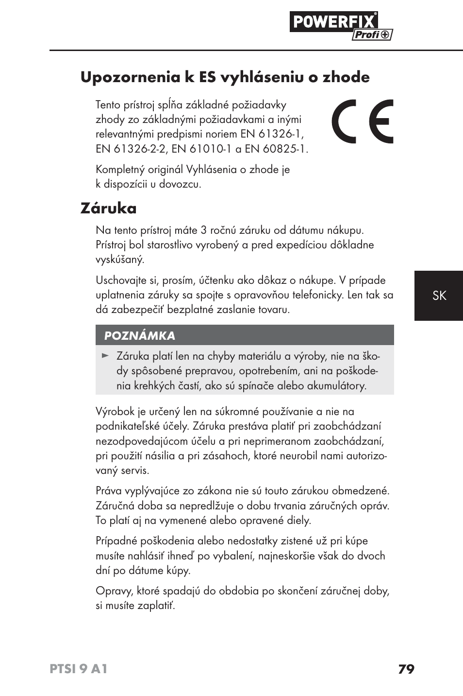 Upozornenia k es vyhláseniu o zhode, Záruka | Powerfix PTSI 9 A1 User Manual | Page 82 / 100