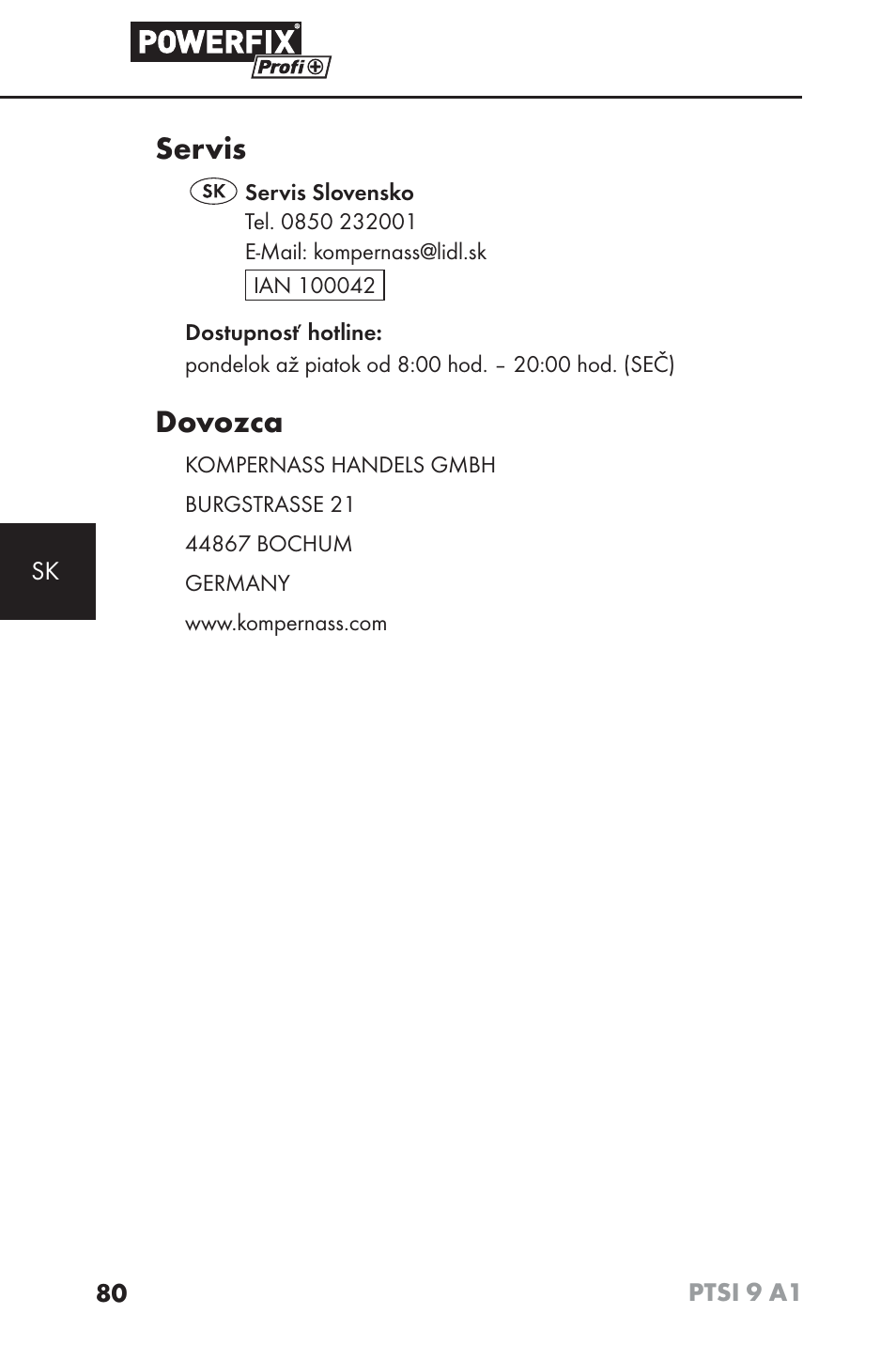 Servis, Dovozca | Powerfix PTSI 9 A1 User Manual | Page 83 / 100